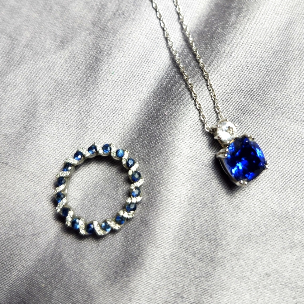 Pair of Blue and White Lab Created Sapphire Pendants and Chain